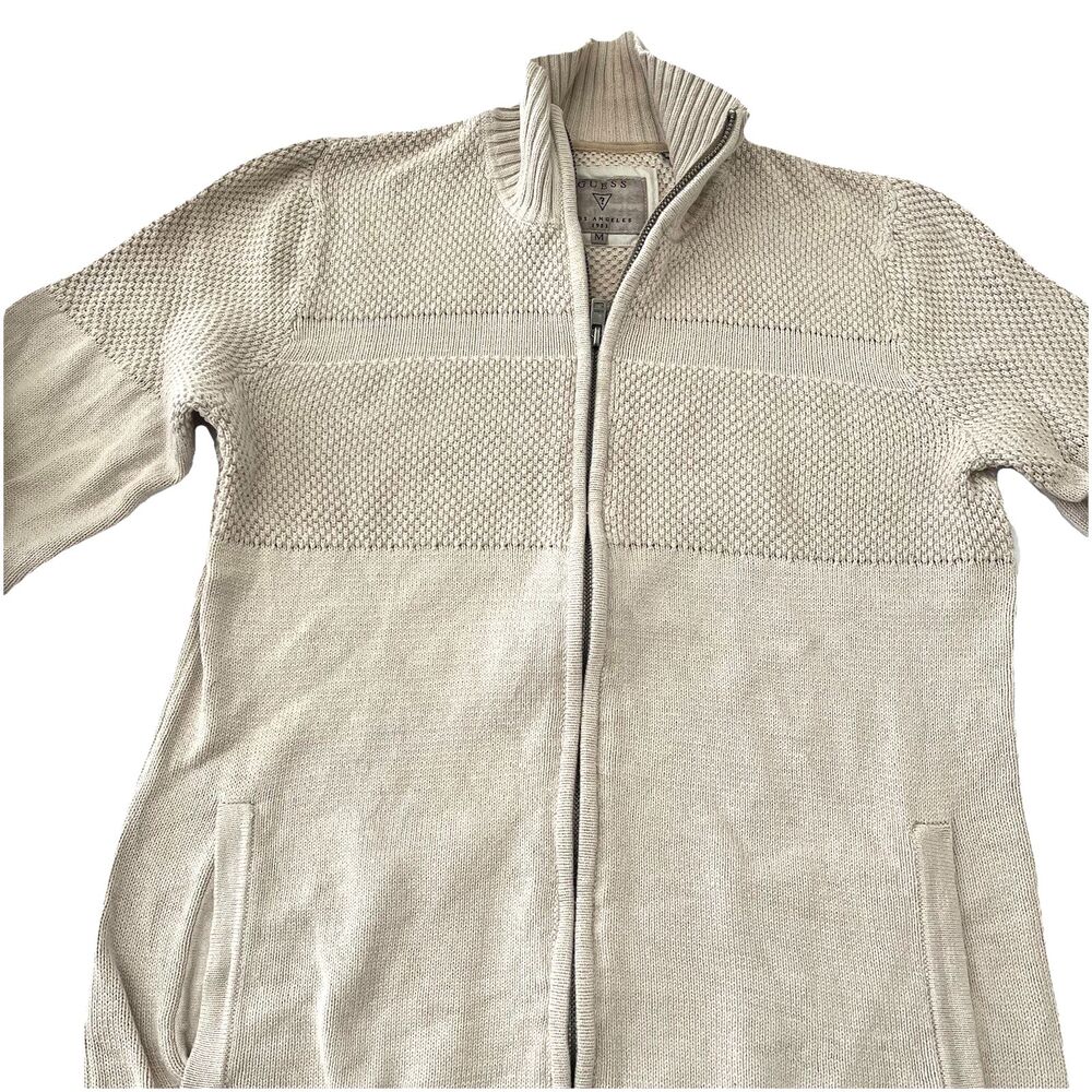 Guess Beige Full-Zip Cable Knit Cardigan Sweater Cotton Mens M Nautical Academia